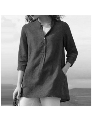 Womens Cotton Linen Casual Blouse Baggy Ladies Button T-Shirt Top Summer Tunic Solid Pullover