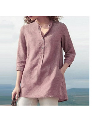 Womens Cotton Linen Casual Blouse Baggy Ladies Button T-Shirt Top Summer Tunic Solid Pullover