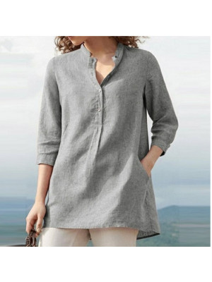 Womens Cotton Linen Casual Blouse Baggy Ladies Button T-Shirt Top Summer Tunic Solid Pullover