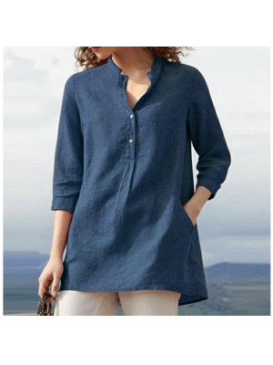 Womens Cotton Linen Casual Blouse Baggy Ladies Button T-Shirt Top Summer Tunic Solid Pullover