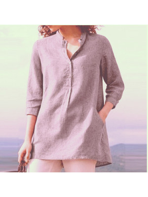 Womens Cotton Linen Casual Blouse Baggy Ladies Button T-Shirt Top Summer Tunic Solid Pullover