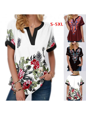 Womens Boho Short Sleeve Casual Ladies Tops Crew Neck Tees Baggy Blouse T Shirt