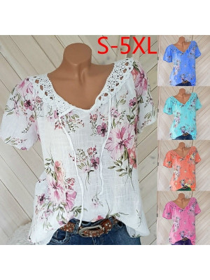 Womens Cotton Linen Floral Tops Ladies Summer Loose Blouse T Shirt Tunic Plus UK