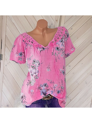 Womens Cotton Linen Floral Tops Ladies Summer Loose Blouse T Shirt Tunic Plus UK