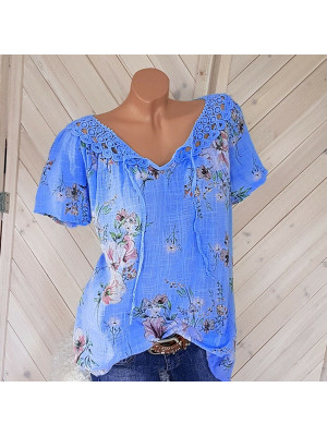 Womens Cotton Linen Floral Tops Ladies Summer Loose Blouse T Shirt Tunic Plus UK