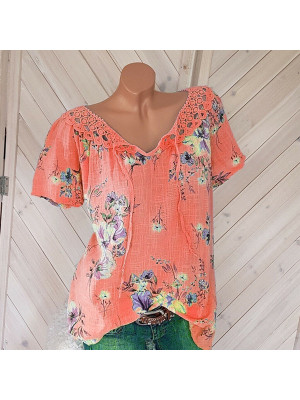 Womens Cotton Linen Floral Tops Ladies Summer Loose Blouse T Shirt Tunic Plus UK