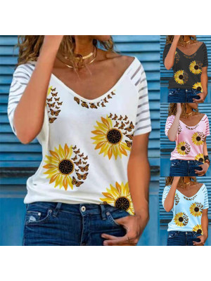 Womens Sunflower Slim Tops Short Sleeve Blouse Ladies T Shirt Summer Tee Plus