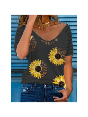 Womens Sunflower Slim Tops Short Sleeve Blouse Ladies T Shirt Summer Tee Plus