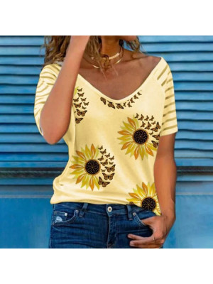 Womens Sunflower Slim Tops Short Sleeve Blouse Ladies T Shirt Summer Tee Plus