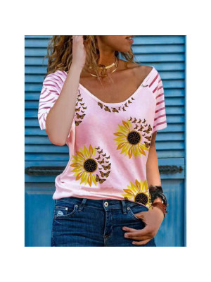 Womens Sunflower Slim Tops Short Sleeve Blouse Ladies T Shirt Summer Tee Plus