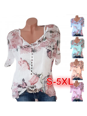 Womens Flower Casual Short Sleeve Button Blouse V Neck Button Tops Chiffon Shirt