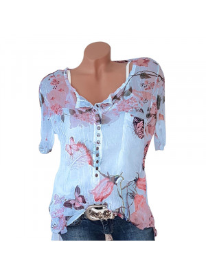 Womens Flower Casual Short Sleeve Button Blouse V Neck Button Tops Chiffon Shirt