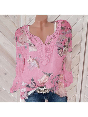 Womens Flower Casual Short Sleeve Lace Blouse V Neck Button Tops Chiffon T Shirt