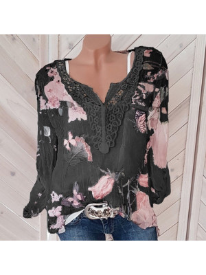 Womens Flower Casual Short Sleeve Lace Blouse V Neck Button Tops Chiffon T Shirt