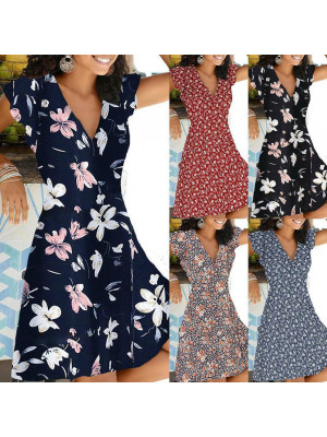 Womens Floral Summer Beach Sun Dress Ladies Short Sleeve Holiday Midi Dress Plus