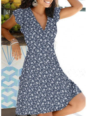 Womens Floral Summer Beach Sun Dress Ladies Short Sleeve Holiday Midi Dress Plus