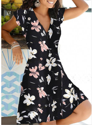 Womens Floral Summer Beach Sun Dress Ladies Short Sleeve Holiday Midi Dress Plus