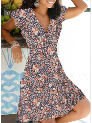 Womens Floral Summer Beach Sun Dress Ladies Short Sleeve Holiday Midi Dress Plus