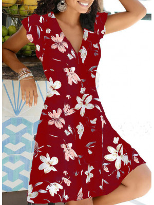 Womens Floral Summer Beach Sun Dress Ladies Short Sleeve Holiday Midi Dress Plus