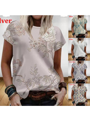 Womens Print Summer Blouse Short Sleeve T Shirt Ladies Plus Size V Neck Tops Tee