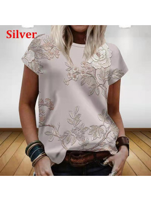 Womens Print Summer Blouse Short Sleeve T Shirt Ladies Plus Size V Neck Tops Tee