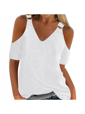 Womens Summer V Neck Cold Shoulder Tops Ladies Short Sleeve Casual Blouse Tee UK