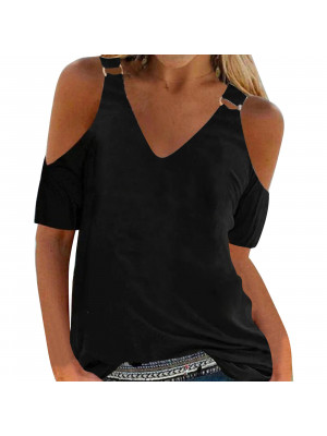 Womens Summer V Neck Cold Shoulder Tops Ladies Short Sleeve Casual Blouse Tee UK