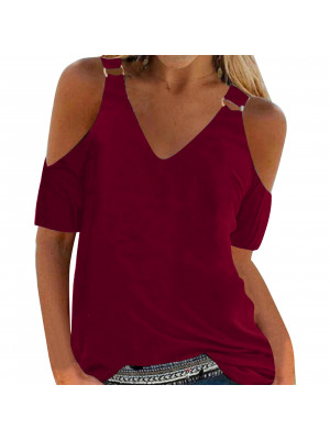 Womens Summer V Neck Cold Shoulder Tops Ladies Short Sleeve Casual Blouse Tee UK