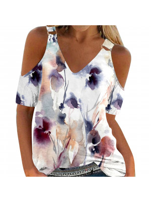 Womens Summer V Neck Cold Shoulder Tops Ladies Short Sleeve Casual Blouse Tee UK