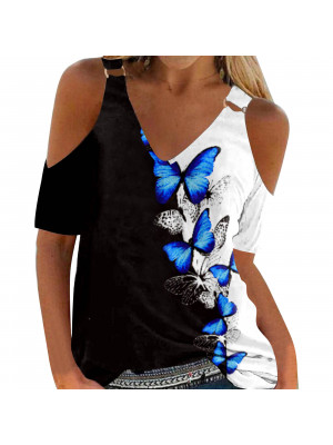 Womens Summer V Neck Cold Shoulder Tops Ladies Short Sleeve Casual Blouse Tee UK