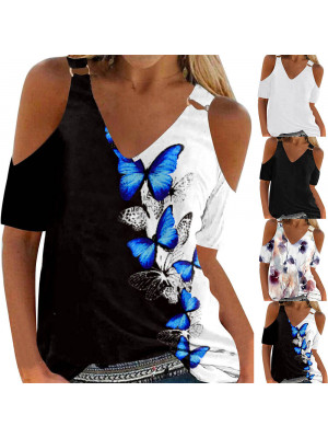 Womens Summer V Neck Cold Shoulder Tops Ladies Short Sleeve Casual Blouse Tee UK