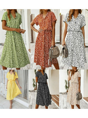 Women Floral Polka Dots Midi Dress Button Short Sleeve Flowy Holiday Sundress UK