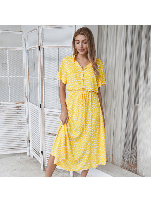 Women Floral Polka Dots Midi Dress Button Short Sleeve Flowy Holiday Sundress UK