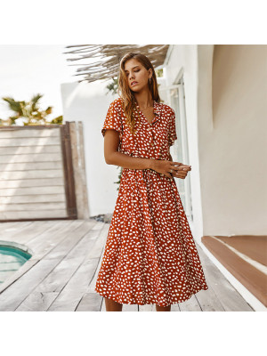 Women Floral Polka Dots Midi Dress Button Short Sleeve Flowy Holiday Sundress UK