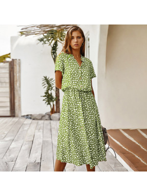 Women Floral Polka Dots Midi Dress Button Short Sleeve Flowy Holiday Sundress UK