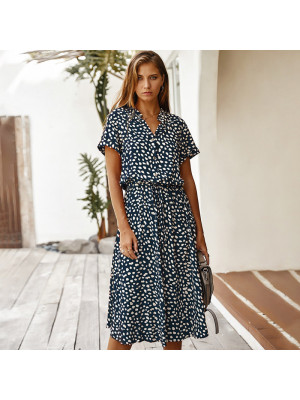 Women Floral Polka Dots Midi Dress Button Short Sleeve Flowy Holiday Sundress UK