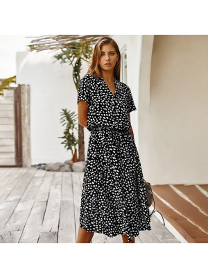 Women Floral Polka Dots Midi Dress Button Short Sleeve Flowy Holiday Sundress UK