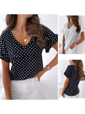 Women Polka Dot Summer T Shirt V Neck Tee Tops Ladies Ruffle Short Sleeve Blouse