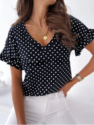 Women Polka Dot Summer T Shirt V Neck Tee Tops Ladies Ruffle Short Sleeve Blouse