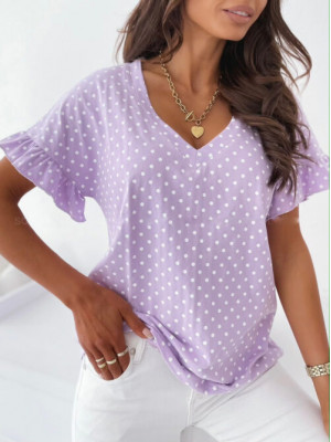 Women Polka Dot Summer T Shirt V Neck Tee Tops Ladies Ruffle Short Sleeve Blouse