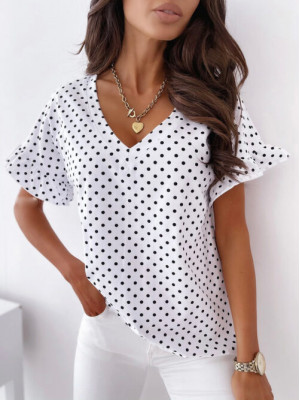 Women Polka Dot Summer T Shirt V Neck Tee Tops Ladies Ruffle Short Sleeve Blouse