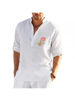 Mens Summer Short Sleeve Linen Shirts Solid Loose Casual Dress Shirt Blouse Tops