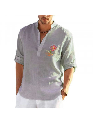 Mens Summer Short Sleeve Linen Shirts Solid Loose Casual Dress Shirt Blouse Tops