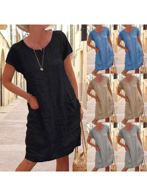 Womens Cotton Linen Short Sleeve Mini Dress Summer Casual Ladies Loose Dresses