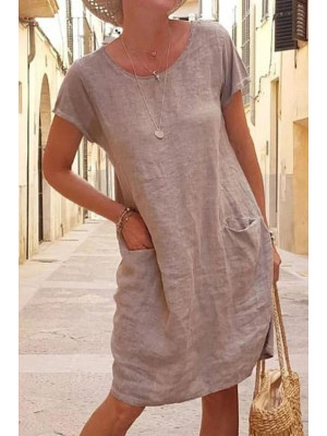 Womens Cotton Linen Short Sleeve Mini Dress Summer Casual Ladies Loose Dresses