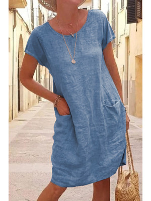 Womens Cotton Linen Short Sleeve Mini Dress Summer Casual Ladies Loose Dresses