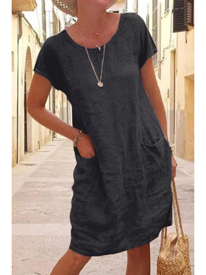 Womens Cotton Linen Short Sleeve Mini Dress Summer Casual Ladies Loose Dresses