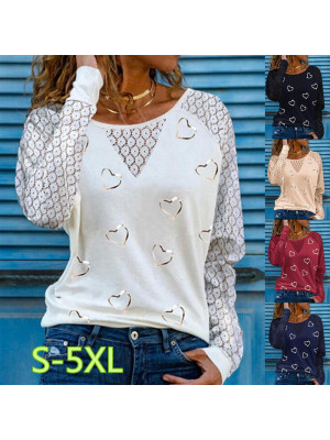 Womens Heart Slim Tops Long Sleeve Blouse Ladies T Shirt Summer Tee Plus Size UK