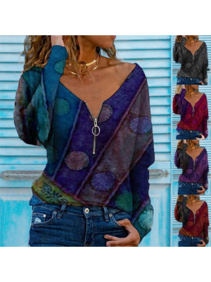 Womens Boho Loose Zipper V-Neck Tops Casual Blouse Long Sleeve Holiday T-Shirt