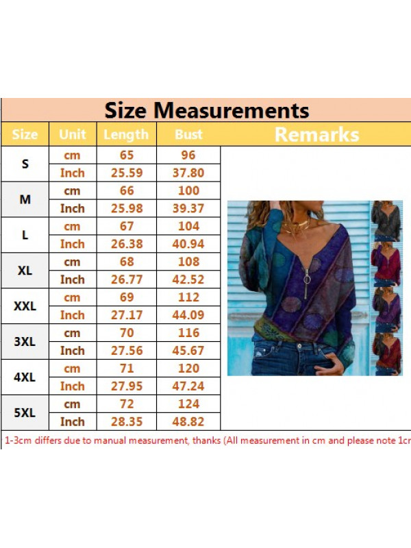 Womens Boho Loose Zipper V-Neck Tops Casual Blouse Long Sleeve Holiday T-Shirt